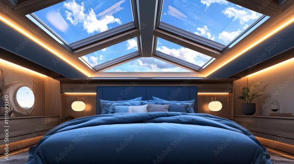 Modern bedroom with skylight and blue bedding. Modern bedroom with skylight and blue bedding.