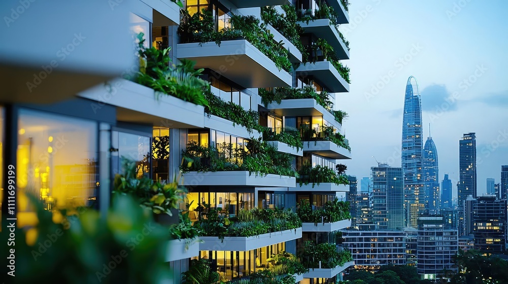 Obraz premium Modern building with greenery, urban setting, evening lights reflecting on glass windows.