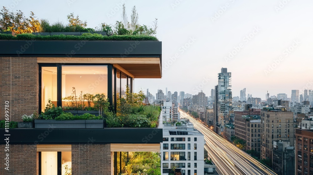 Fototapeta premium Modern urban building with green rooftop and city view during sunset.