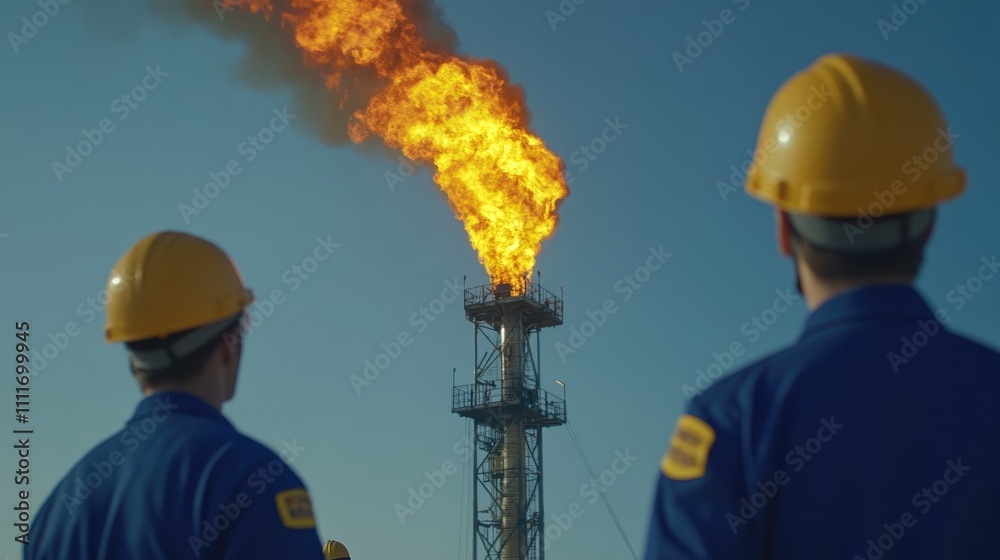 Photo of Engineers Watching Gas Flame from Oil Platform, Wearing Safety Gear, Blue Sky and Clouds Background Photo of Engineers Watching Gas Flame from Oil Platform, Wearing Safety Gear, Blue Sky and Clouds Background
