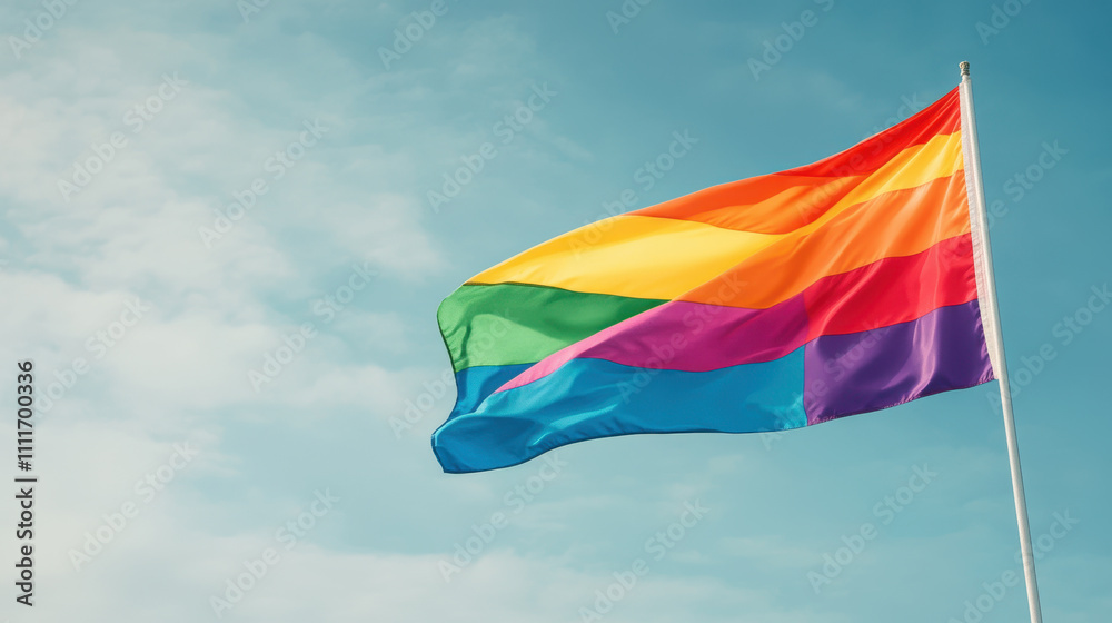 Pride flag waving against clear blue sky, symbol of LGBTQ+ community and diversity Pride flag waving against clear blue sky, symbol of LGBTQ+ community and diversity