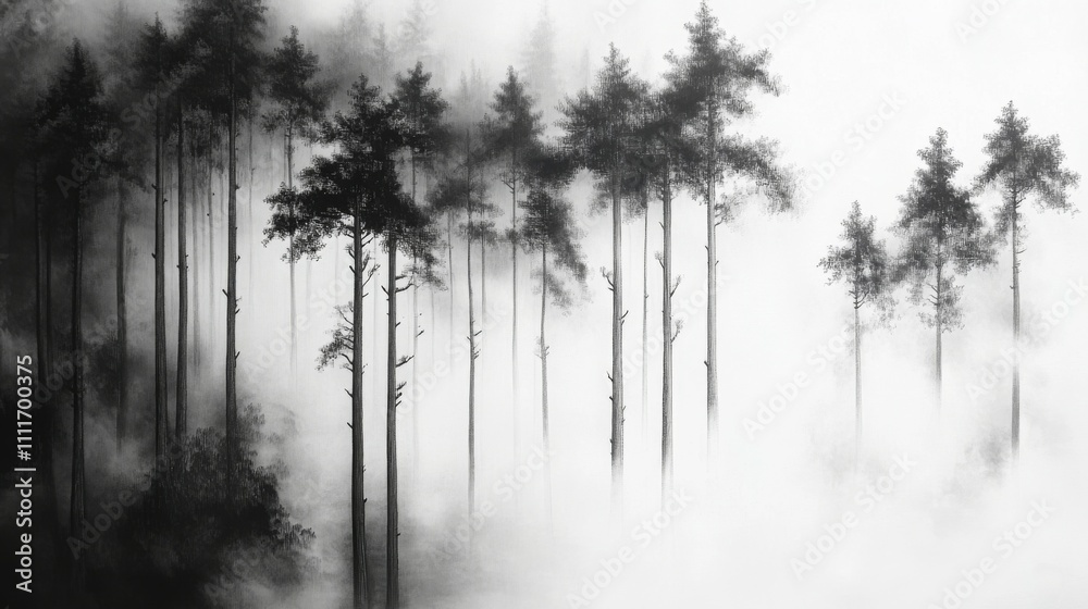 Fototapeta premium A Black and White Ink Painting of a Misty Pine Forest