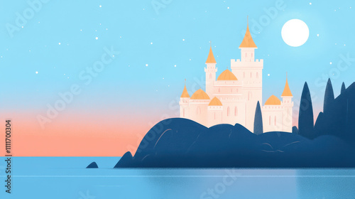 Dreamy Castle by the Sea at Sunset under a Starry Sky photo