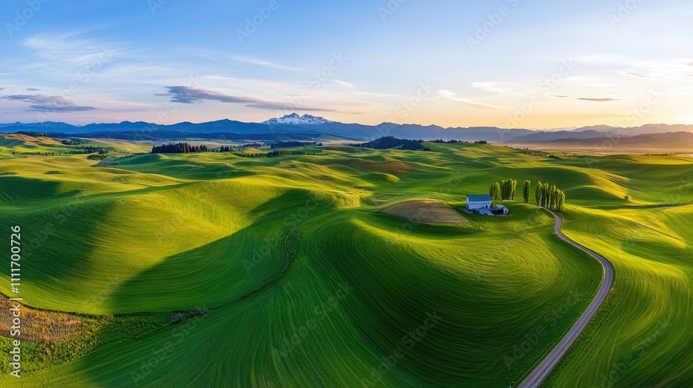 Obraz premium Stunning Aerial View of Rolling Green Hills and Farmhouse at Sunrise with Majestic Mountain Range in the Background