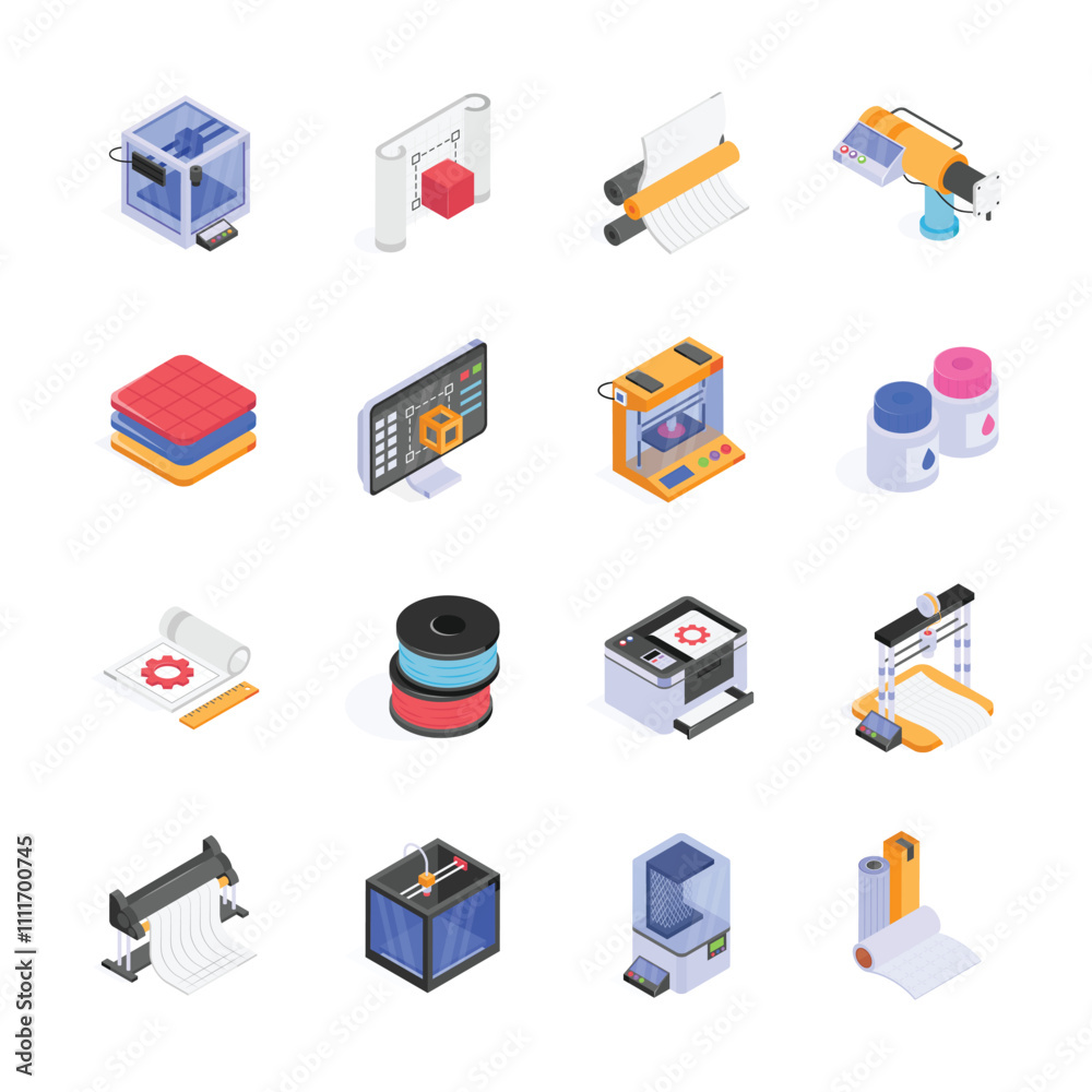 This vibrant, isometric illustration showcases a collection of 3D printing and manufacturing technologies This vibrant, isometric illustration showcases a collection of 3D printing and manufacturing technologies