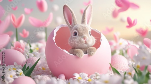 A charming bunny emerges from a pink eggshell amidst a floral background, capturing the essence of spring glee.