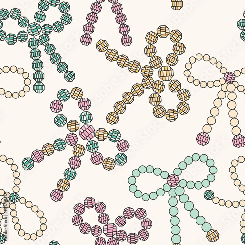 Seamless pattern with bow knots made of breads and pearls. Trendy Christmas decoration background. Hand drawn vector illustration.