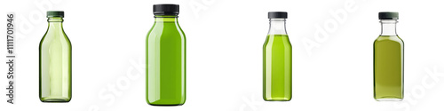 A transparent glass or plastic bottle filled with a refreshing cold brewed green tea health drink element showcased on a clean and minimalist white background