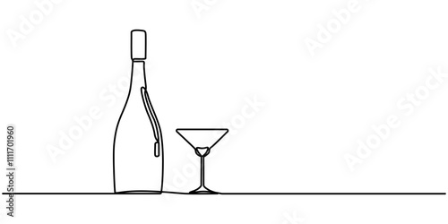 Wine Bottle and Wine Glass Continuous Line Icon, A bottle of wine and a wine glass are drawn with one continuous line. An illustration with a transparent background shows a bottle of wine and a wine. 