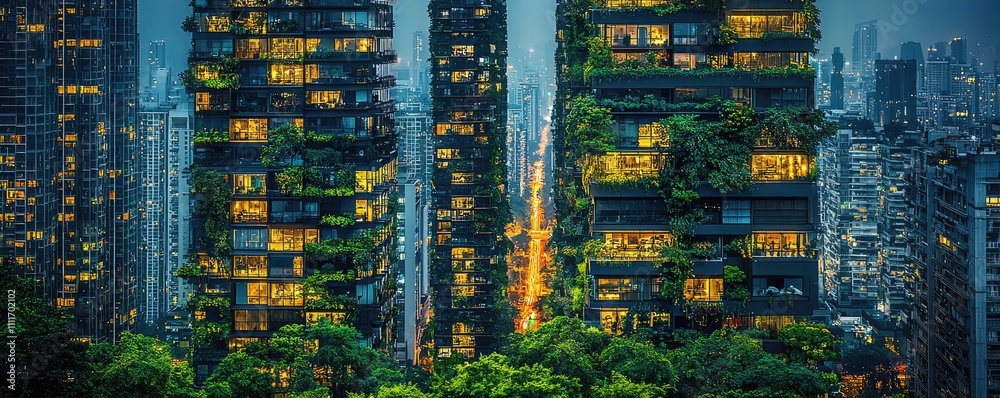 Obraz premium Modern skyscrapers featuring sustainable design and greenery at night, urban landscape.