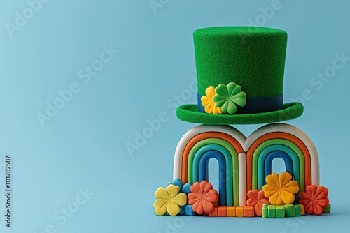 Colorful St. Patrick?s Day Decoration Featuring a Green Hat and Rainbow Flowers in Pastel Background photo