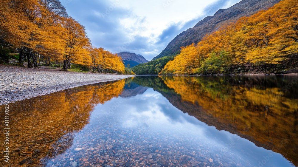 Naklejka premium Stunning Autumn Landscape with Vibrant Foliage Reflecting in a Serene Lake Surrounded by Majestic Mountains Under a Cloudy Sky