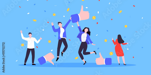 Customer feedback, employee or client satisfaction rating review with good or bad symbols - thumb up and down business concept vector illustration. Positive and negative feedback and evaluation