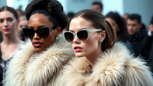 Trendy Women in Stylish Sunglasses and Fur Coats at Fashion Event photo