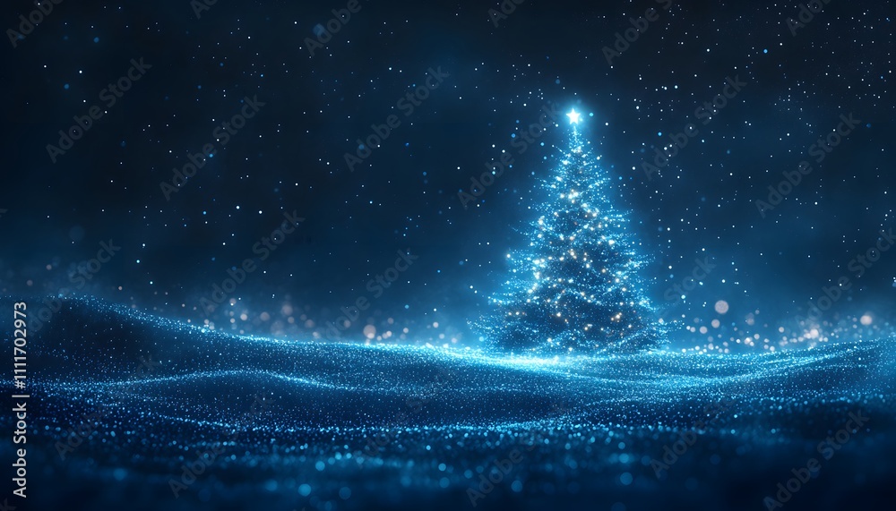 Naklejka premium Christmas tree with glowing lights on a dark blue background, starry sky, blurred snow, and a bokeh effect This could be a Christmas card or banner template for a New Year's party,
