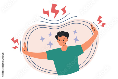 Vector illustration of resilience psychology concept. Man holds protective barrier, resilient under the pressure of life challenges, lightning bending protective shield. Flat cartoon style