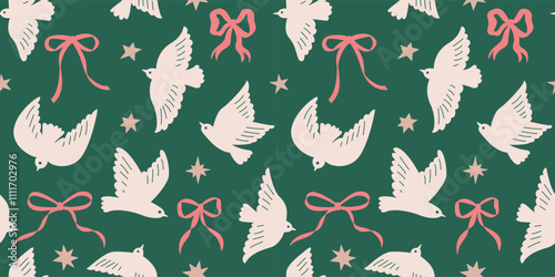 Seamless pattern with abstract birds, bows and stars. Trendy hand drawn coquette illustration. Valentine's day background, wrapping paper.