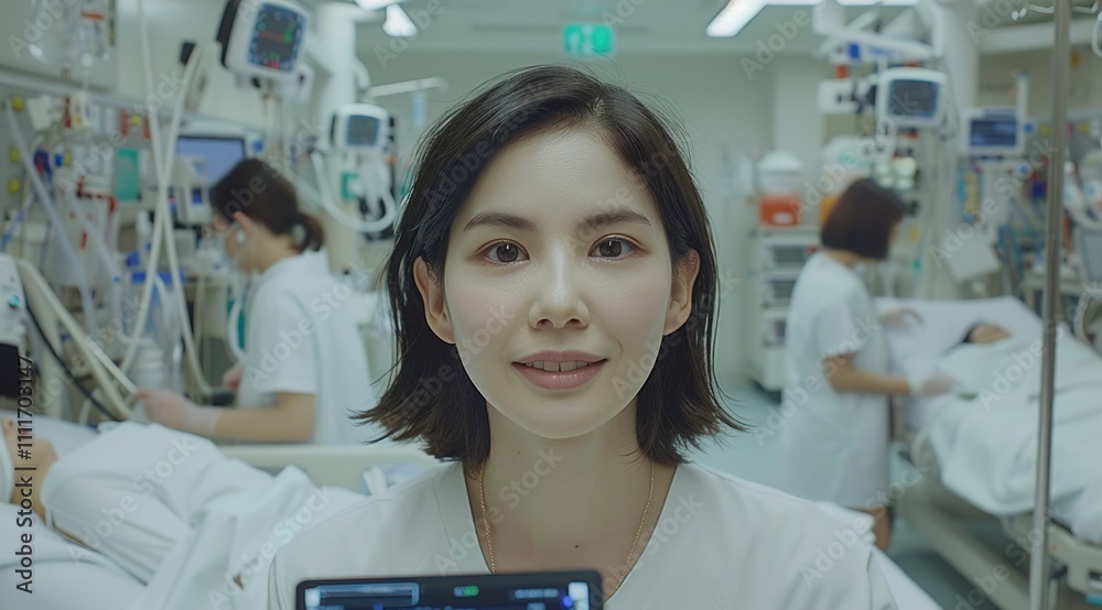 Obraz premium portrait of happy doctor in hospital with research to search for medicine on online media.