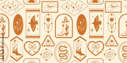 Seamless pattern with various doodle line style trendy cowboy boots, hats, cow scull, snake, horseshoe.Boho American western desert elements.Vector funky illustration. Vintage frames background