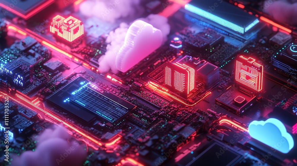 Futuristic microchip with neon lights - generative ai Futuristic microchip with neon lights - generative ai