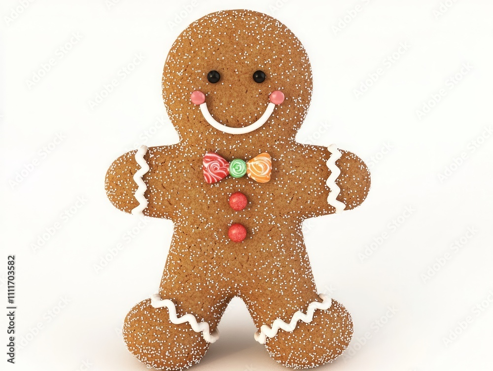 Sweet and Playful Gingerbread Person 3D Render with Candy Details and Bow Tie on Isolated White Background Sweet and Playful Gingerbread Person 3D Render with Candy Details and Bow Tie on Isolated White Background