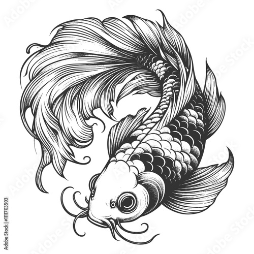 koi fish with elegant, flowing fins and intricate scales, symbolizing tranquility and beauty sketch engraving generative ai vector illustration. Scratch board imitation. Black and white image.