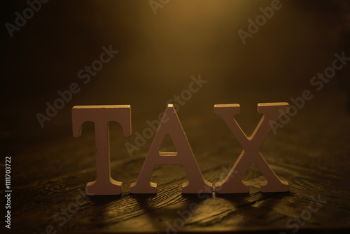 Close-up of TAX Letters in Warm Light | Concept of Finance, Taxation, and Economic Policy photo