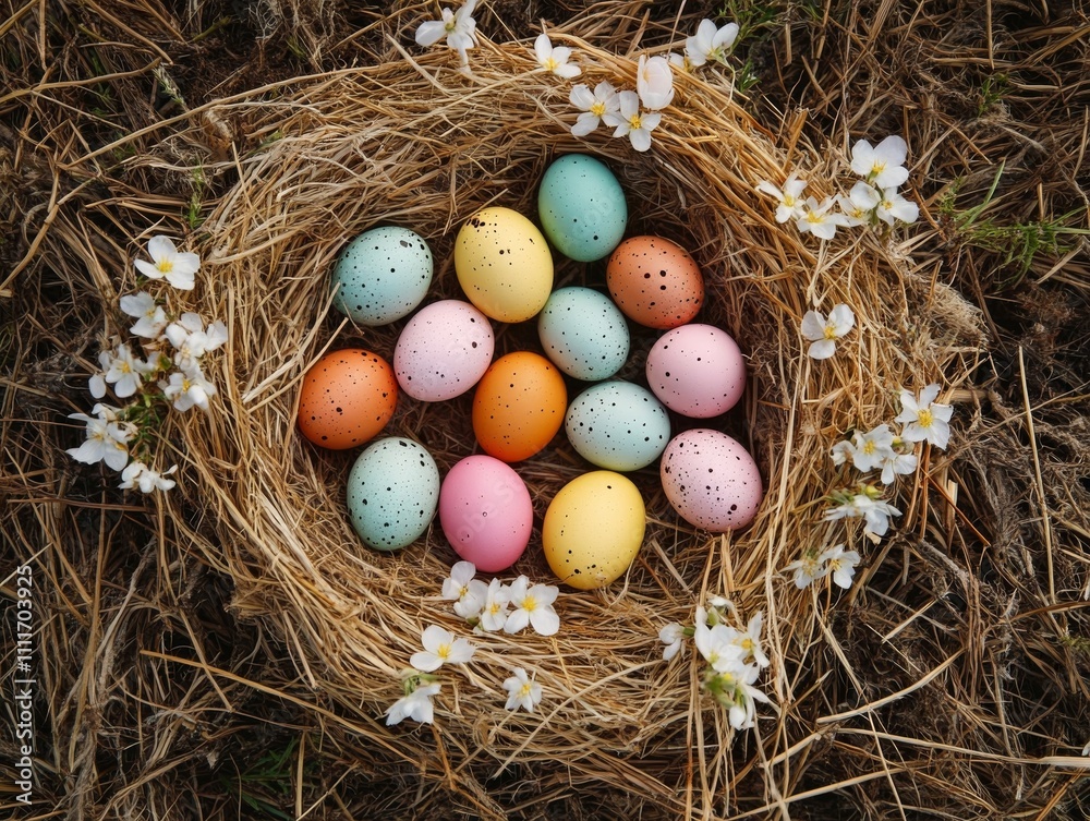 A nest filled with speckled and solid colored Easter eggs surrounded by soft vegetation and flowers in earthy tones. A nest filled with speckled and solid colored Easter eggs surrounded by soft vegetation and flowers in earthy tones.