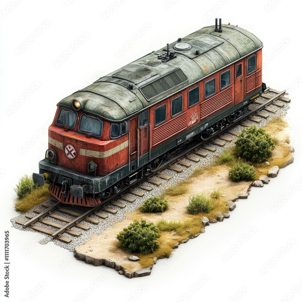 Obraz premium Old red diesel train on tracks.