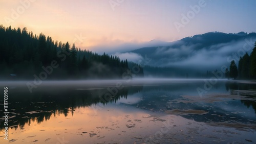 Serene Sunrise Over Misty Mountain Lake, Perfect for Calming Wall Art or Desktop Background