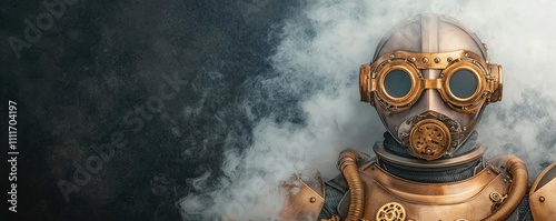 Steampunk robot with goggles, surrounded by smoke on a dark background. photo