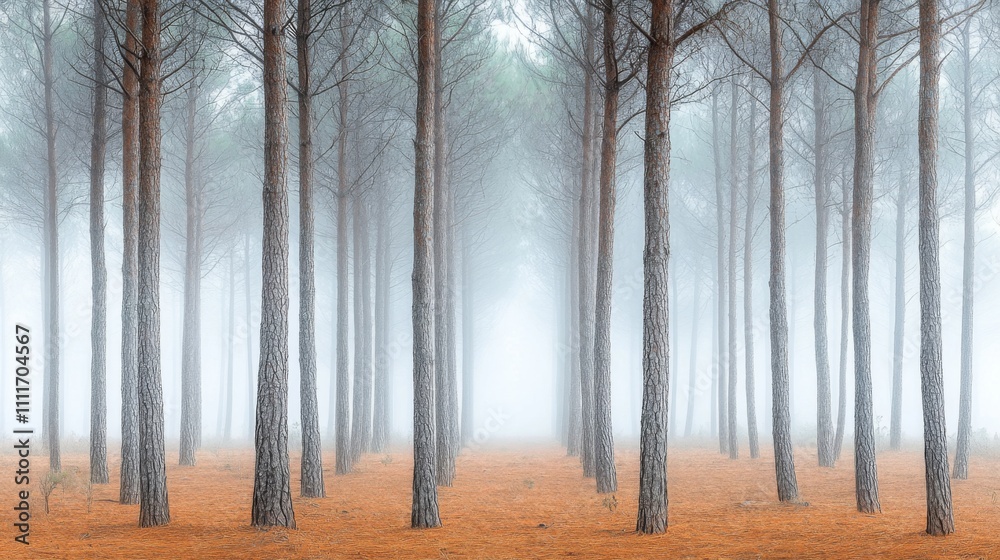 Fototapeta premium A Foggy Forest Path Lined with Tall Pine Trees