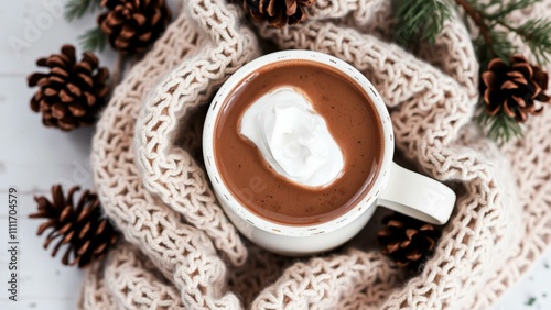 Cozy Winter Warmth: Delightful Hot Chocolate in a Mug, Perfect for Chilly Days, Surrounded by Pinecones and Knitted Blanket photo