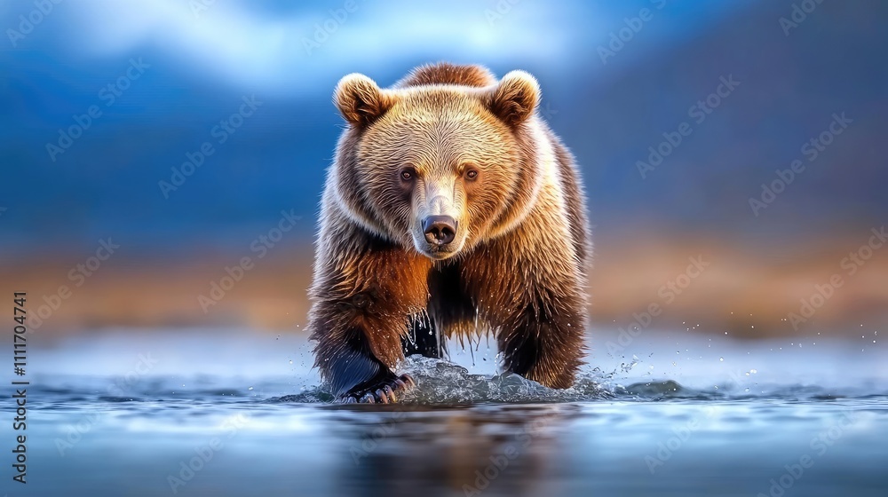 Obraz premium Majestic Brown Bear Strolling Through Pristine River with Mountainous Backdrop in Vibrant Natural Habitat