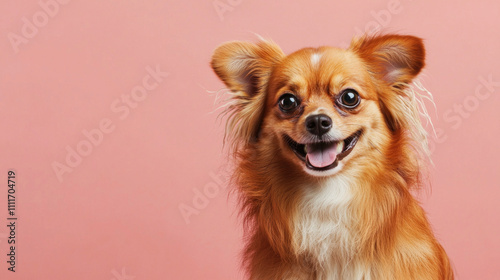 Happy smiling long haired chihuahua dog on pink background. photo