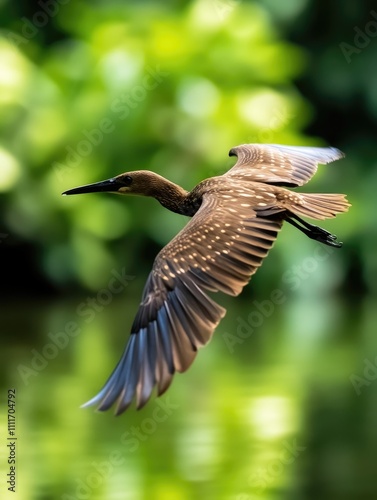Graceful Heron in Flight Over Lush Greenery and Reflective Water in a Serene Natural Habitat