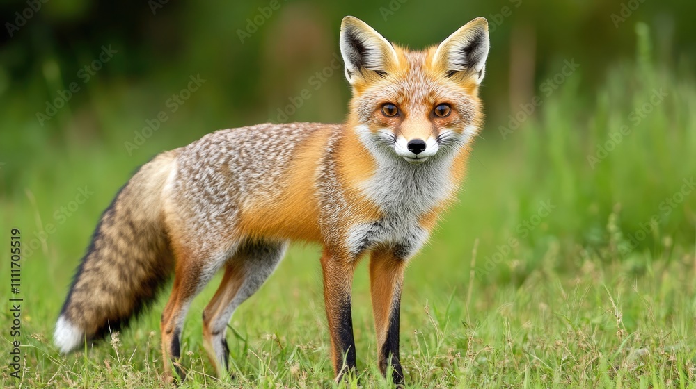 Majestic Red Fox Standing in Lush Green Meadow with Alert Expression and Vibrant Fur in Natural Habitat Majestic Red Fox Standing in Lush Green Meadow with Alert Expression and Vibrant Fur in Natural Habitat