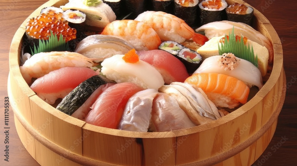Sushi Platter: Fresh Fish, Rice, and Seaweed Delights in Wooden Bowl Sushi Platter: Fresh Fish, Rice, and Seaweed Delights in Wooden Bowl
