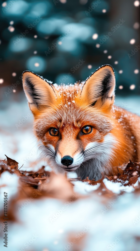 Majestic Red Fox Resting in Snow-Covered Forest with Falling Snowflakes Capturing Winter's Serenity and Wildlife Beauty Majestic Red Fox Resting in Snow-Covered Forest with Falling Snowflakes Capturing Winter's Serenity and Wildlife Beauty