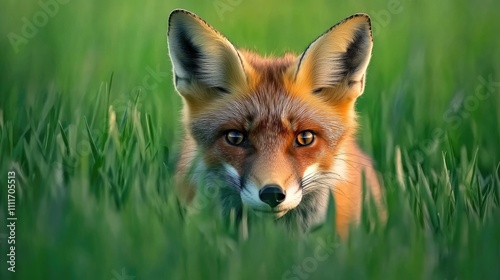 Close-Up of a Red Fox Peering Through Lush Green Grass in a Natural Habitat During Daylight