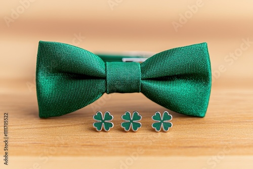 Elegant Green Bow Tie with Fashionable Shamrock Cufflinks for St. Patrick's Day Style Inspiration photo