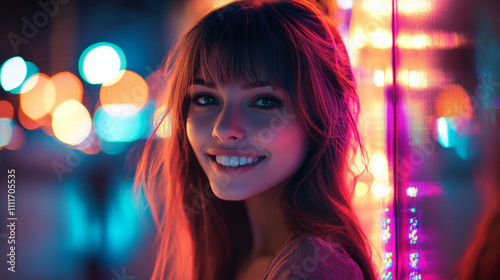 A cute young woman with a smile  bright scenery  Urban