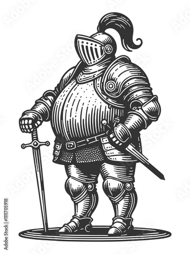 Fat overweight rotund knight in full armor, blending humor and medieval charm sketch engraving generative ai raster illustration. Scratch board imitation. Black and white image. photo