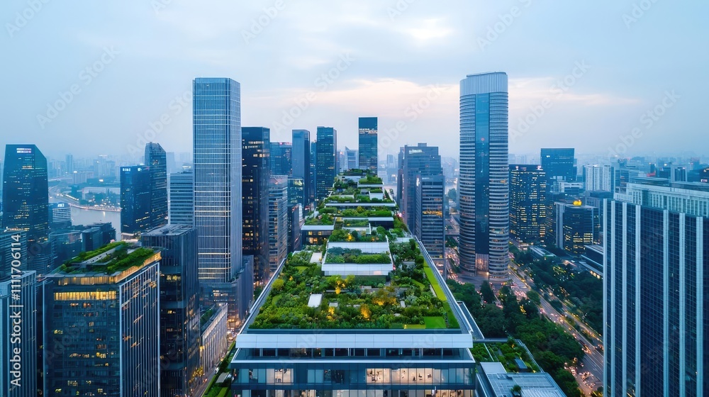 Obraz premium Modern skyscrapers with green rooftops in a city skyline during twilight.
