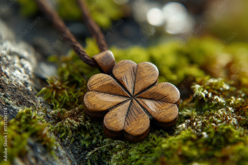 A four-leaf clover carved into a wooden pendant, lying on soft moss. A four-leaf clover carved into a wooden pendant, lying on soft moss.