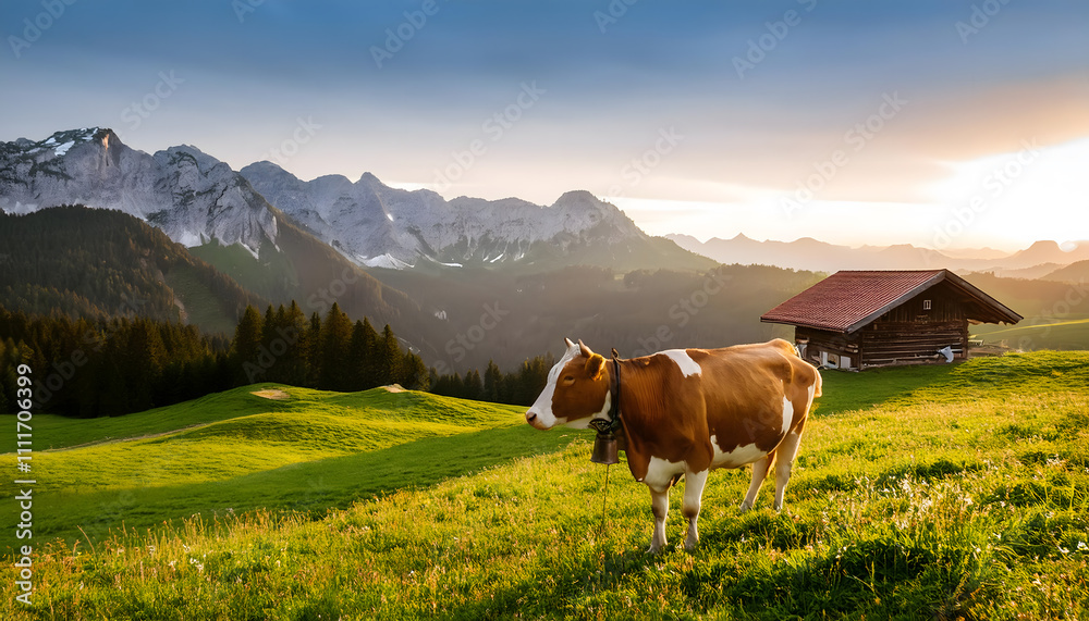 Grazing cow adorned with a traditional bell amidst the breathtaking Allgaeu landscape at sunset Grazing cow adorned with a traditional bell amidst the breathtaking Allgaeu landscape at sunset