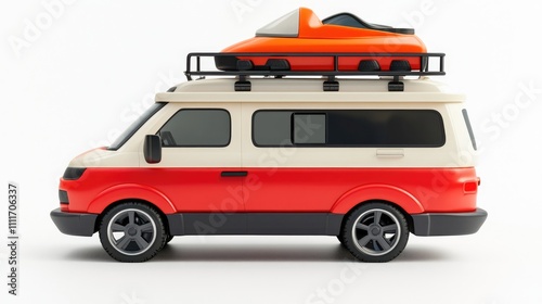 Red Van with Orange Vehicle on Roof Rack: Adventure Awaits!  Travel Vehicle, Explore Nature, Journey Begins.
