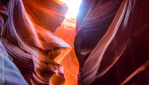 Explore the breathtaking beauty of Antelope Canyon's smooth, curving red sandstone walls illuminated by sunlight filtering through the narrow openings photo