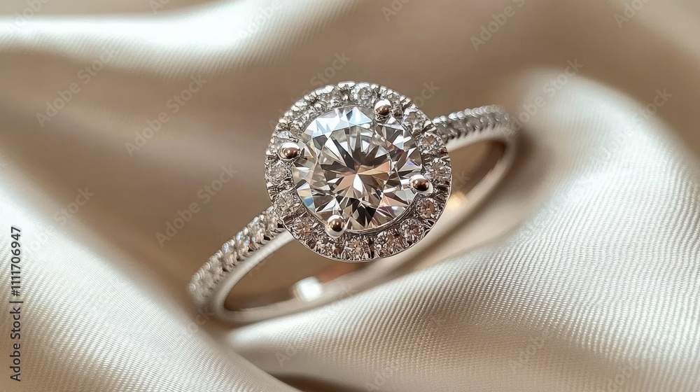 Elegant Round Diamond Ring with Halo on Satin Fabric Background Elegant Round Diamond Ring with Halo on Satin Fabric Background
