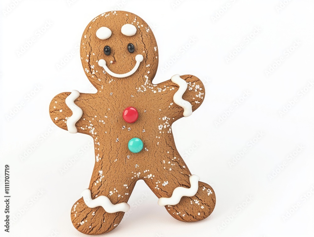 Obraz premium Festive 3D Gingerbread Man Character with Colorful Decorations on Isolated Background - Ultra-Detailed Cartoonish Render Model